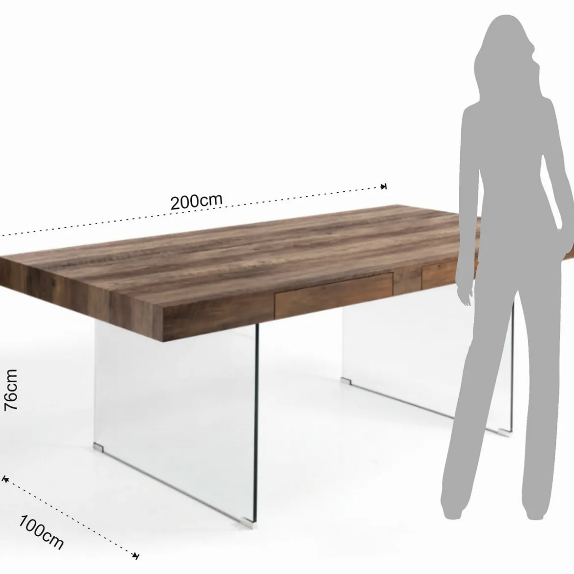 Waver Wood Tavolo Fisso / Scrivania finitura Noce anticato e gambe in Vetro Temprato, 200 x 100 x h 76 cm
