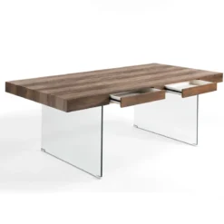Waver Wood Tavolo Fisso / Scrivania finitura Noce anticato e gambe in Vetro Temprato, 200 x 100 x h 76 cm