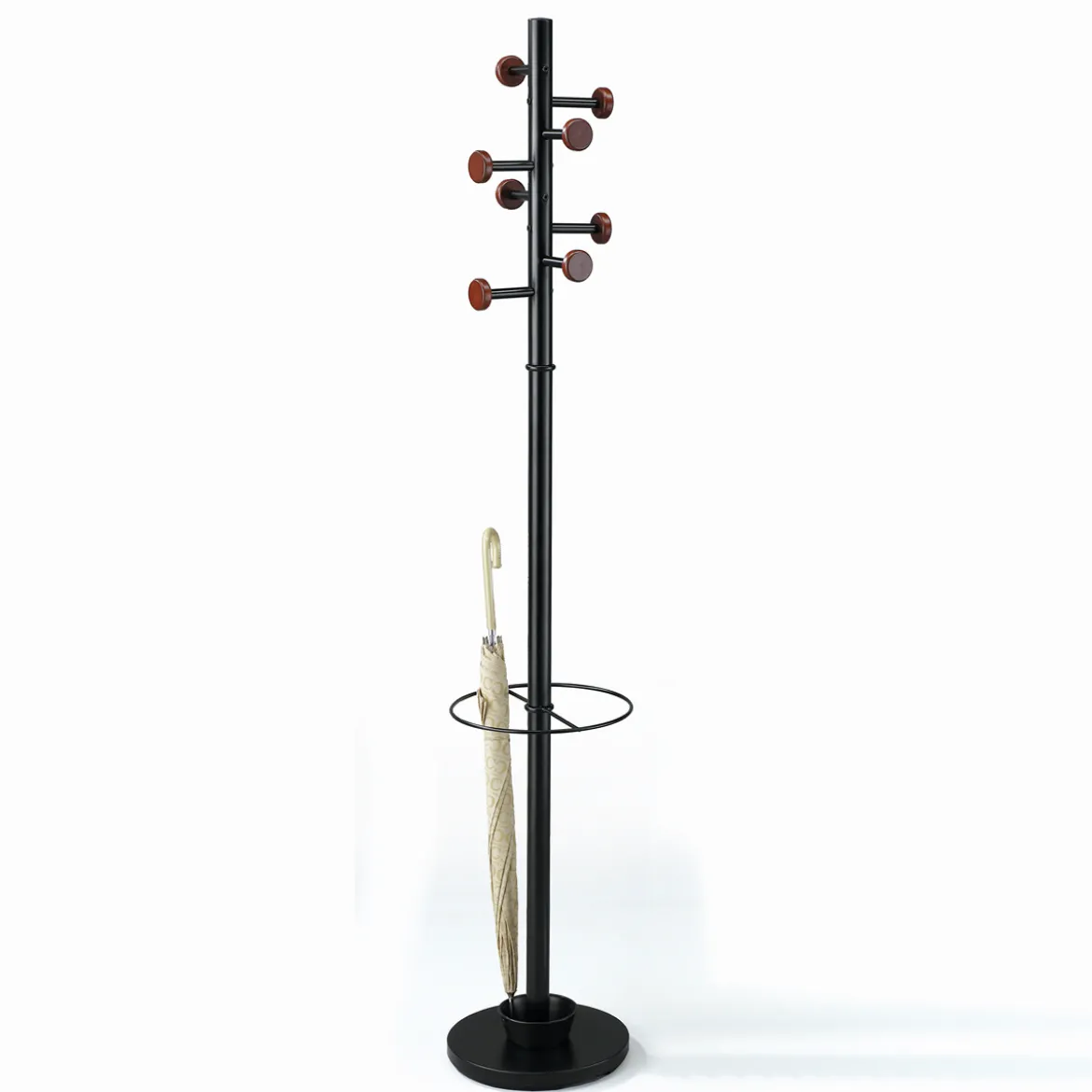 Wells appendiabiti portaombrelli ari in acciaio nero opaco e pomelli legno finitura noce h173xd30.5 cm