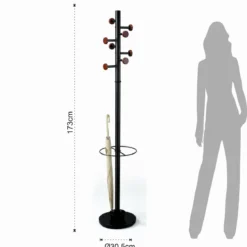 Wells appendiabiti portaombrelli ari in acciaio nero opaco e pomelli legno finitura noce h173xd30.5 cm