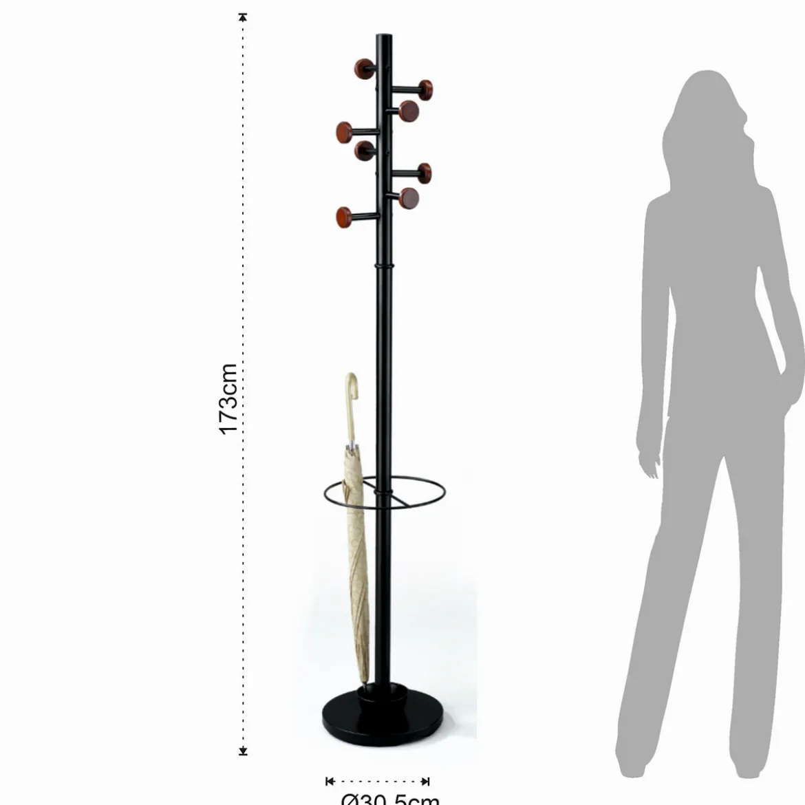 Wells appendiabiti portaombrelli ari in acciaio nero opaco e pomelli legno finitura noce h173xd30.5 cm