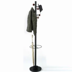 Wells appendiabiti portaombrelli ari in acciaio nero opaco e pomelli legno finitura noce h173xd30.5 cm