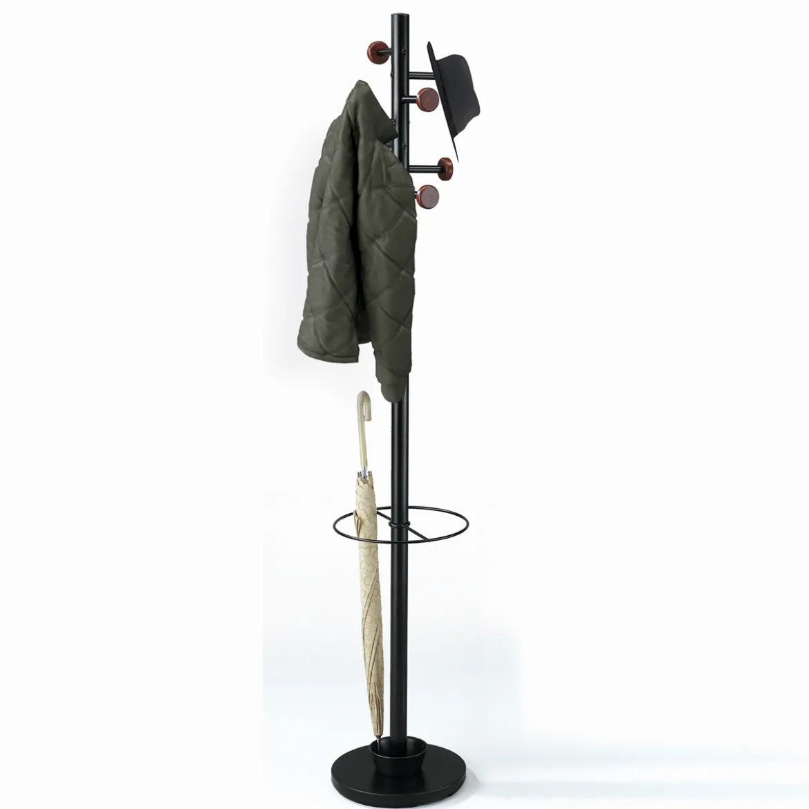 Wells appendiabiti portaombrelli ari in acciaio nero opaco e pomelli legno finitura noce h173xd30.5 cm