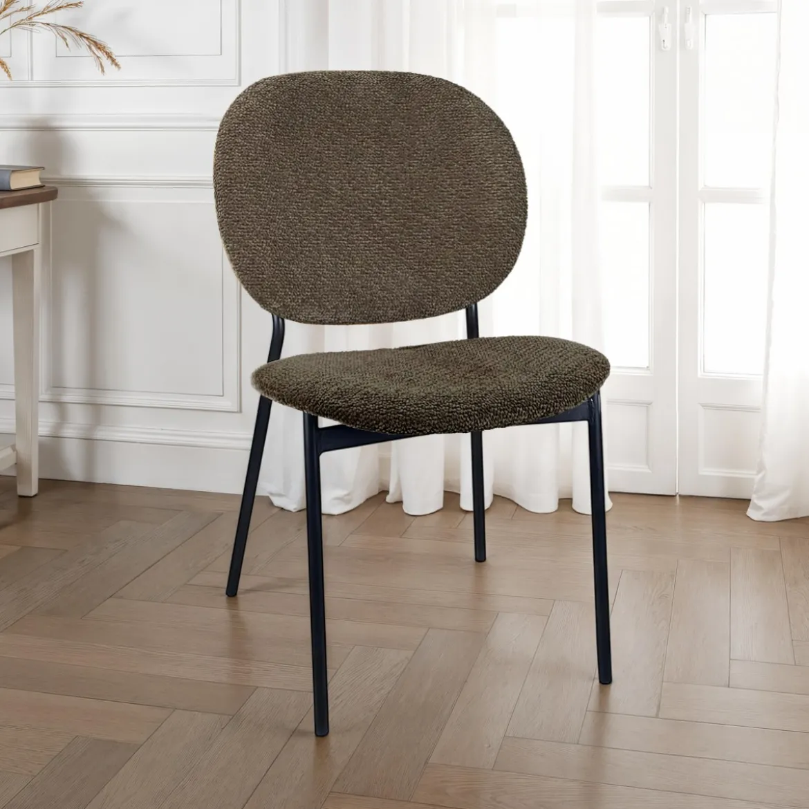 Werza Brown sedia Imbottita tessuto marrone effetto melange struttura metallo nero opaco impilabile h81 l47 p58