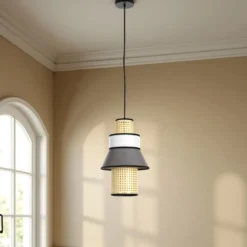 Wien a lampadario rivestito in tessuto colorato grigio bianco e paglia di vienna cn cavo regolabile d27 h43 cm