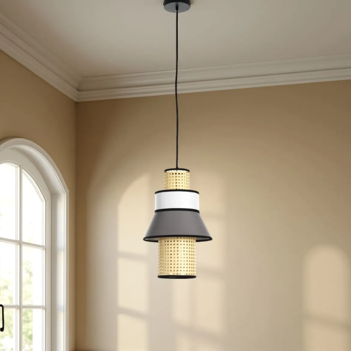 Wien a lampadario rivestito in tessuto colorato grigio bianco e paglia di vienna cn cavo regolabile d27 h43 cm