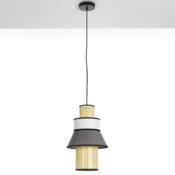 Wien a lampadario rivestito in tessuto colorato grigio bianco e paglia di vienna cn cavo regolabile d27 h43 cm