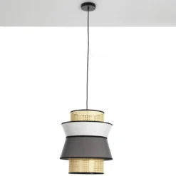 Wien b lampadario rivestito in tessuto colorato grigio bianco e paglia di vienna cn cavo regolabile d39 h46 cm