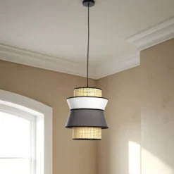 Wien b lampadario rivestito in tessuto colorato grigio bianco e paglia di vienna cn cavo regolabile d39 h46 cm