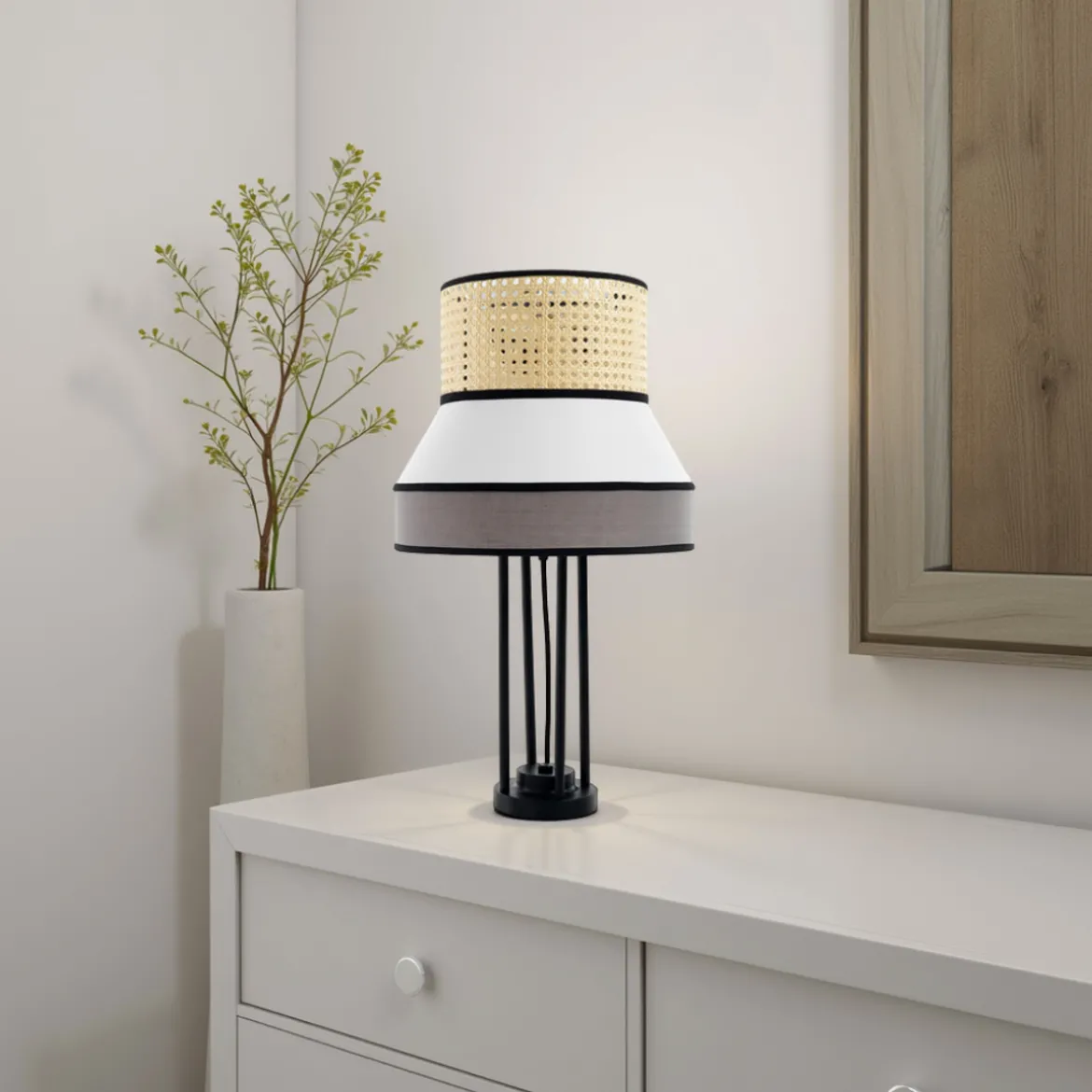 Wien lampada da tavolo provenza in metallo nero opaco con paralume rivestito in tessuto grigio bianco d33 h62 cm
