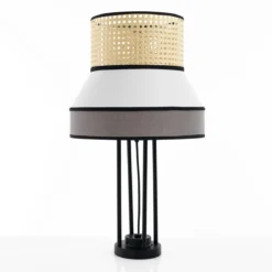 Wien lampada da tavolo provenza in metallo nero opaco con paralume rivestito in tessuto grigio bianco d33 h62 cm