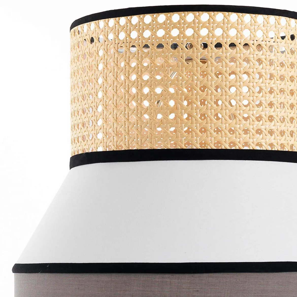 Wien lampada da tavolo provenza in metallo nero opaco con paralume rivestito in tessuto grigio bianco d33 h62 cm
