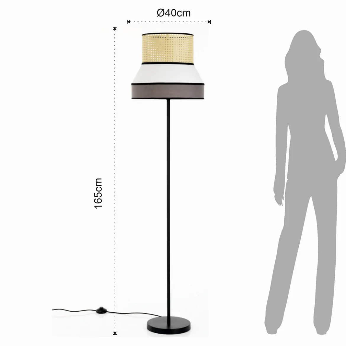 Wien lampada da terra in metallo nero opaco con paralume rivestito in tessuto grigio bianco d40 h160 cm