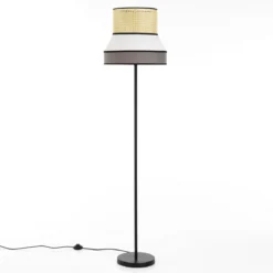 Wien lampada da terra in metallo nero opaco con paralume rivestito in tessuto grigio bianco d40 h160 cm