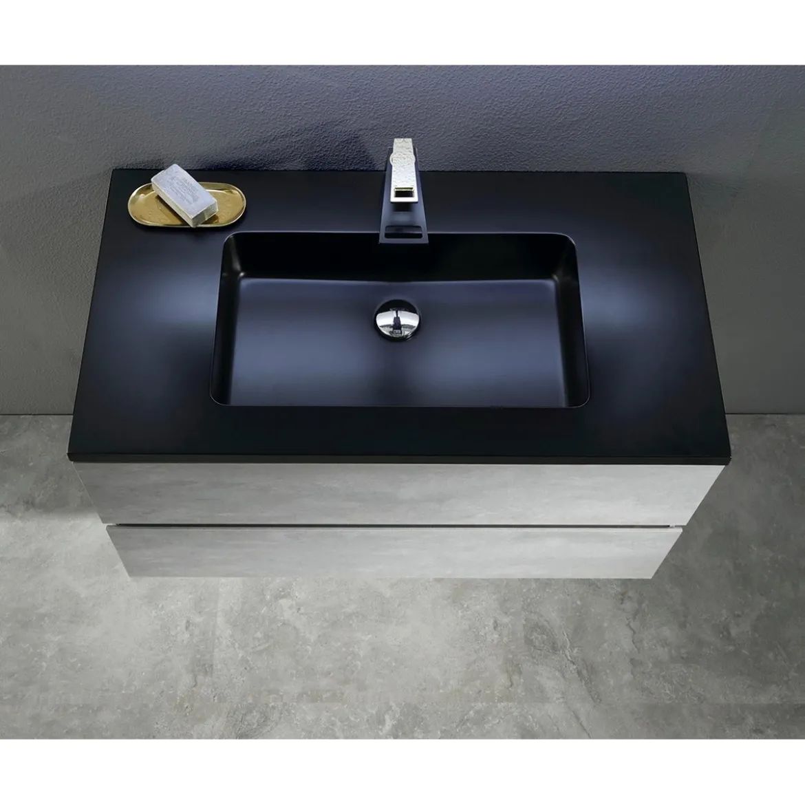 Willy black cement bagno 90 finitura grigio cemento 2 cestoni e lavello nero 90x47.5xh52 cm