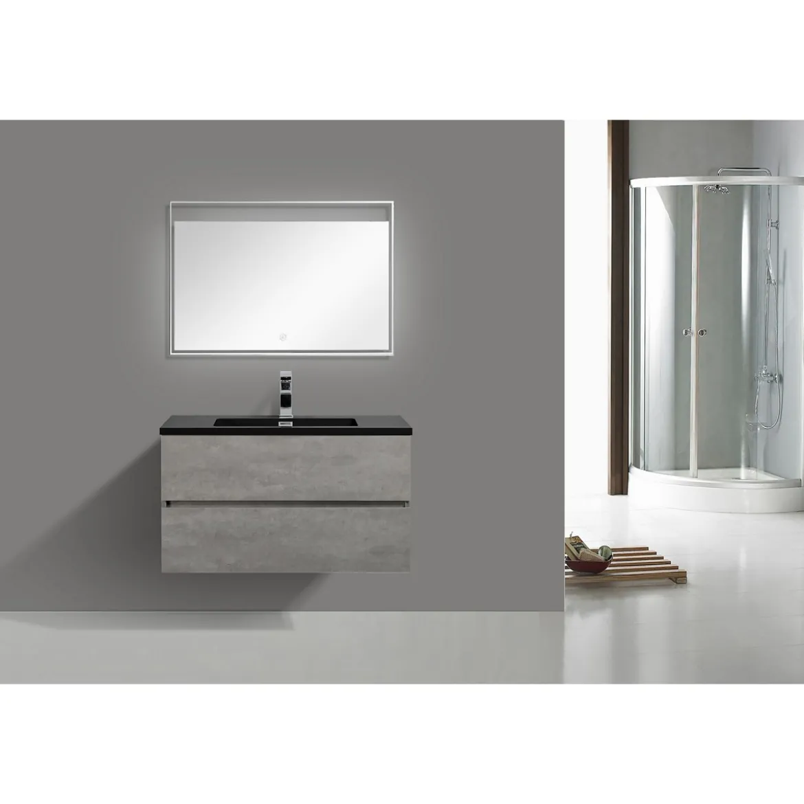 Willy black cement bagno 90 finitura grigio cemento 2 cestoni e lavello nero 90x47.5xh52 cm