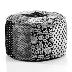 Yara black/grey pouf rotondo tessuto effetto velluto patchwork interno in fibre di stoffe non sfoderabile ø50x30 cm