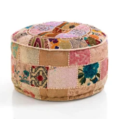 Yara patch beige pouf rotondo cotone 100% tecnica patchwork made in india d50 h30 cm