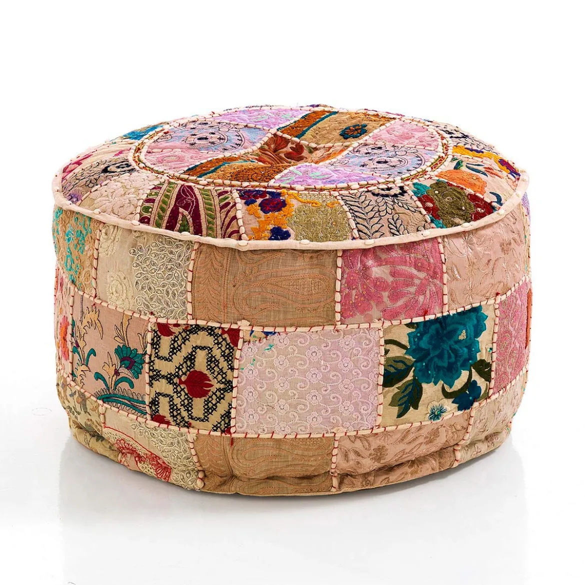 Yara patch beige pouf rotondo cotone 100% tecnica patchwork made in india d50 h30 cm