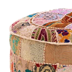 Yara patch beige pouf rotondo cotone 100% tecnica patchwork made in india d50 h30 cm