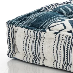 Yara white blue cuscino piccolo in cotone bianco e blu con maniglia laterale 50x50x12 cm