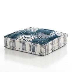 Yara white blue cuscino piccolo in cotone bianco e blu con maniglia laterale 50x50x12 cm