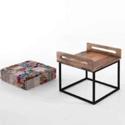 Yara white patch pouf/tavolino acciaio e legno mango cuscino patchwork bianco gommapiuma cm 40x46x44